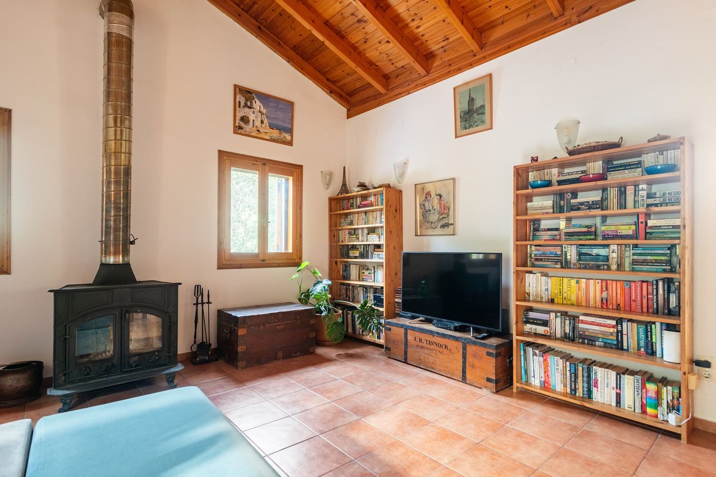 Comfortable seating, a smart TV and shelves of books.