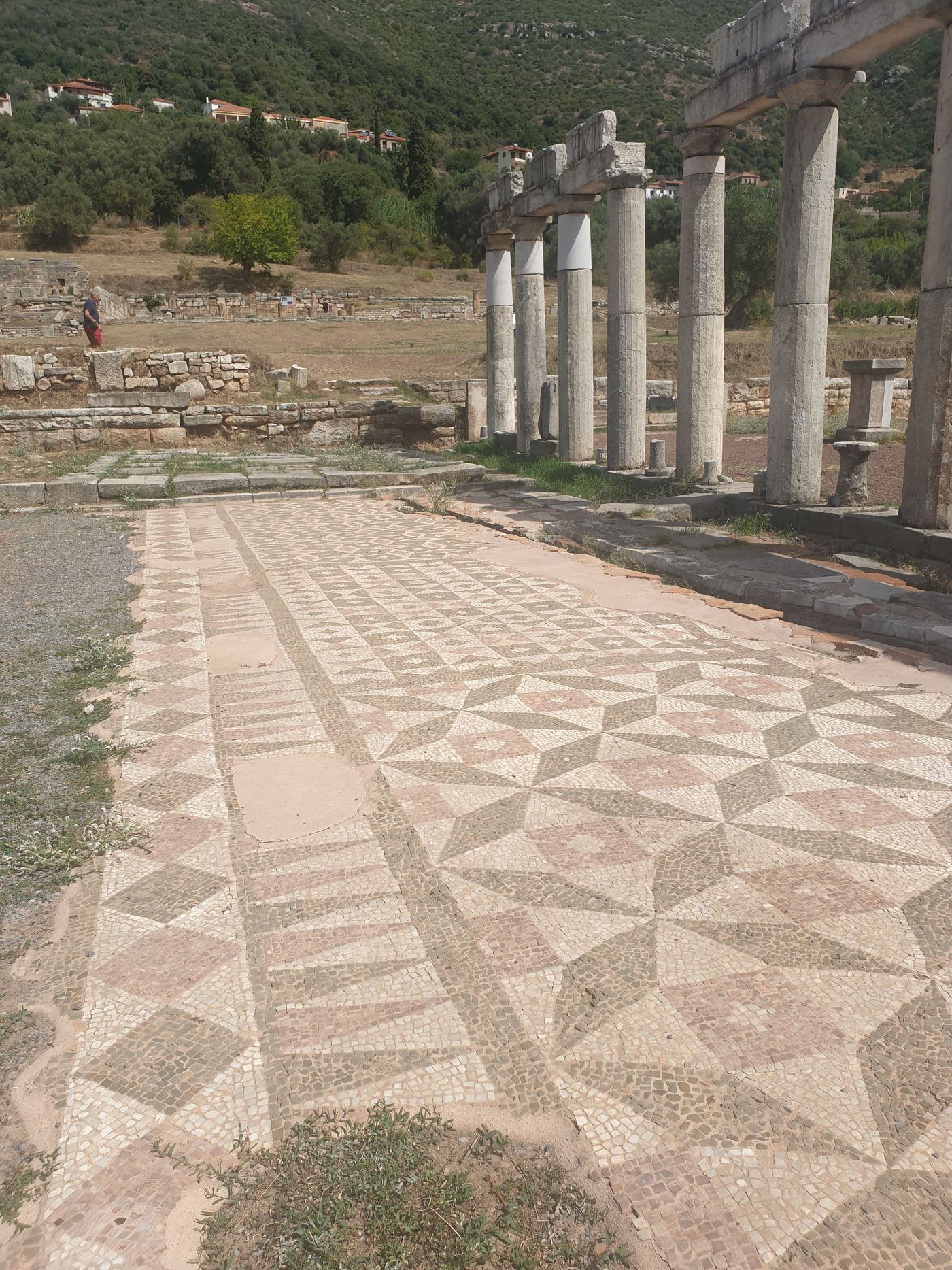A mosaic floor, in a diamond pattern.