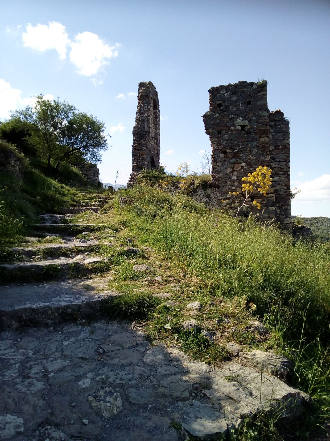 Standing fragments of wall, on the slope.